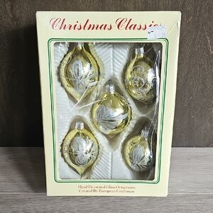 Vintage 70s Christmas Classics Set Of 5 Glass‎ Gold With Silver Ornaments